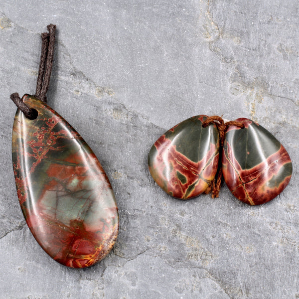 Matching Set Gemstone Earring Pair with Pendant Red Creek Jasper Teardrop Pendant Freeform Earring