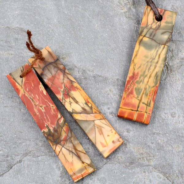 Matching Set Gemstone Earring Pair with Pendant Red Creek Jasper Rectangle Pendant Modern Super Long Flat Rectangle Shape