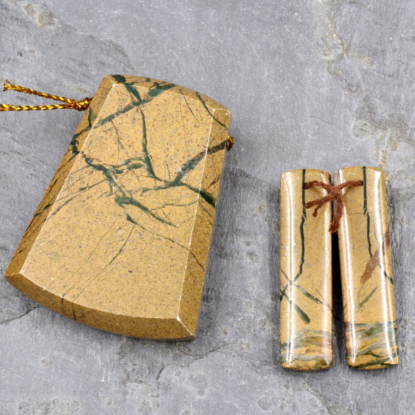 Matching Set Gemstone Earring Pair with Green Canyon Jasper Trapezoid Pendant Rectangle Earring