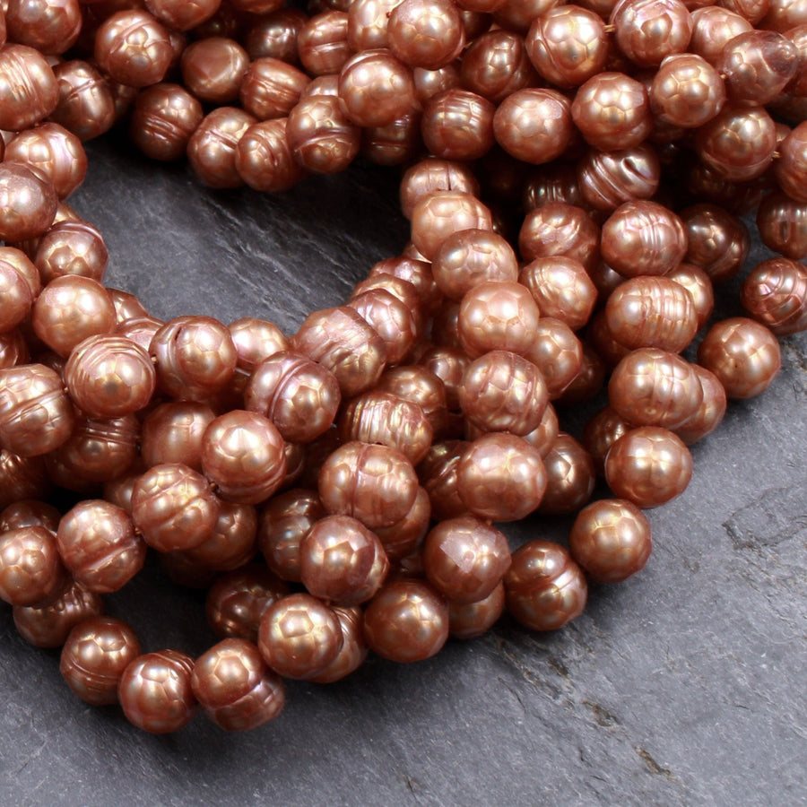 Faceted Genuine Freshwater Pearl Sun Kissed Gold Copper Pearl 8mm Round Shimmery Iridescent Beads 16" Strand