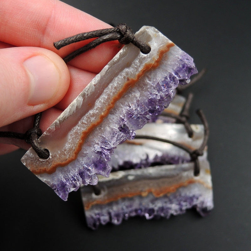 2 Hole Pendant Amethyst Stalactite Pendant Drilled Stalactite Flat Slice Freeform Long Natural Gemstone Pendant Bead Good For Leather P1597