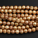 Large Hole Golden Bronze Champagne Pearl Beads Genuine Freshwater Pearl Round 10mm 11mm 12mm Shimmery Rich Golden Big 2.5mm Hole 8" Strand
