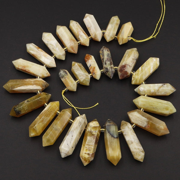 Large Natural African Yellow Opal Beads Faceted Double Terminated Points Healing Focal Pendant Top Side Drilled Bicone Bullet 16" Strand