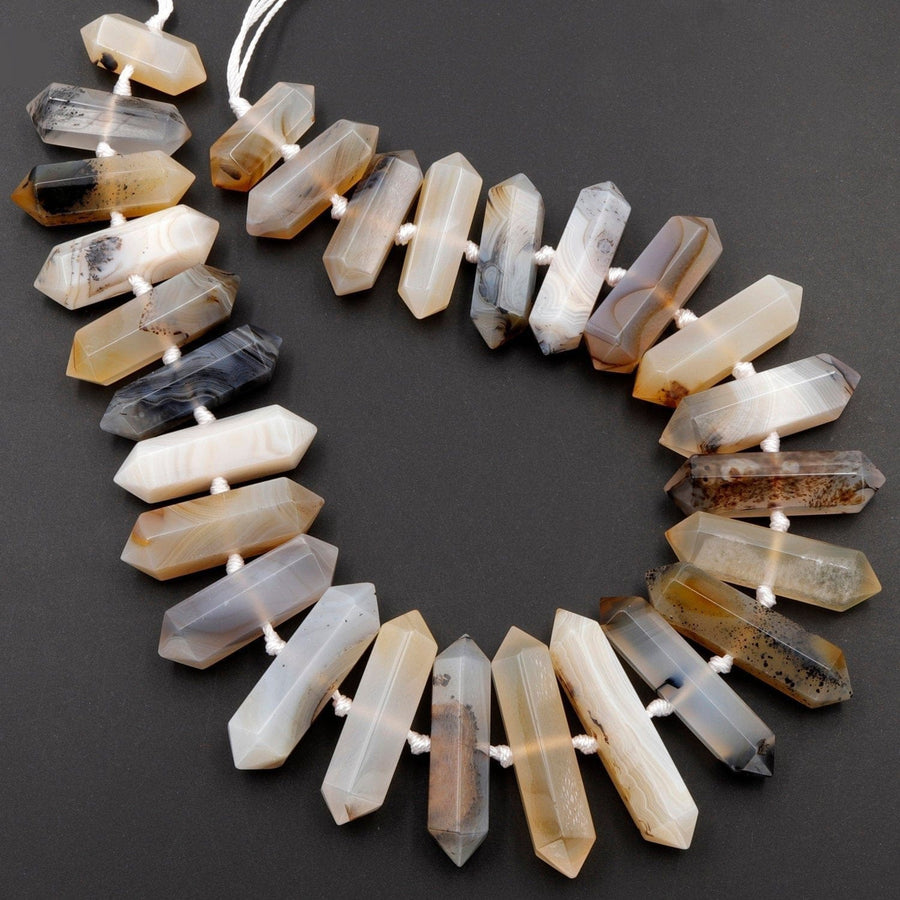 Natural Montana Agate Beads Faceted Double Terminated Pointed Large Long Pendant Top Side Drilled Bead Bullet 16" Strand