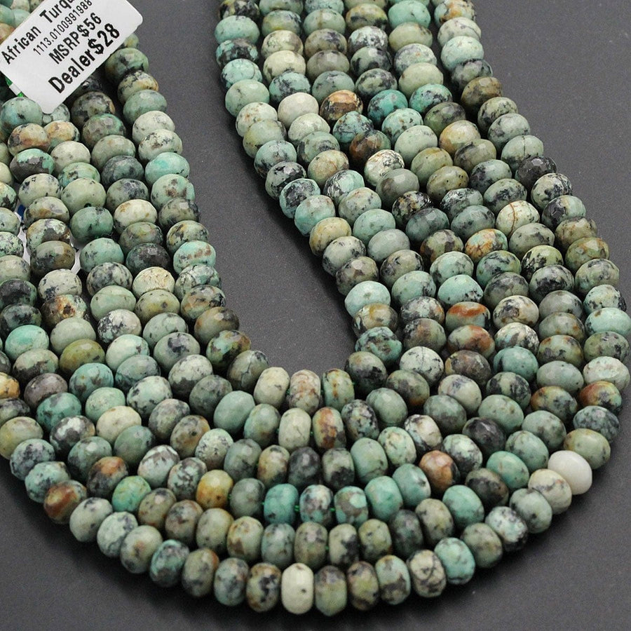 Natural African Turquoise 8mm 10mm 12mm Faceted Rondelle Large Rondelle Beads High Quality Earthy Blue Green Brown Gemstone 16" Strand