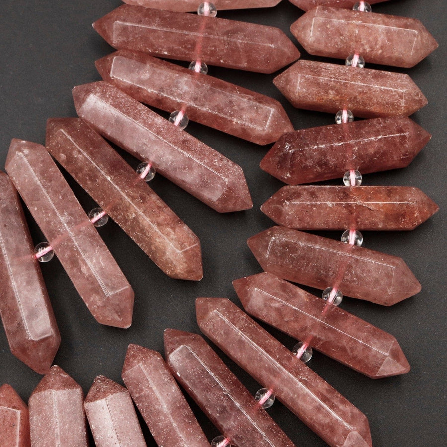 Natural Strawberry Quartz Double Terminated Point Beads Large Long Faceted Focal Pendant Center Drilled Mauve Red Point 16" Strand