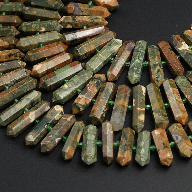 AAA Natural Rainforest Rhyolite Jasper Faceted Double Terminated Pointed Tips Center Drilled Large Healing Focal Pendant Bead 16" Strand