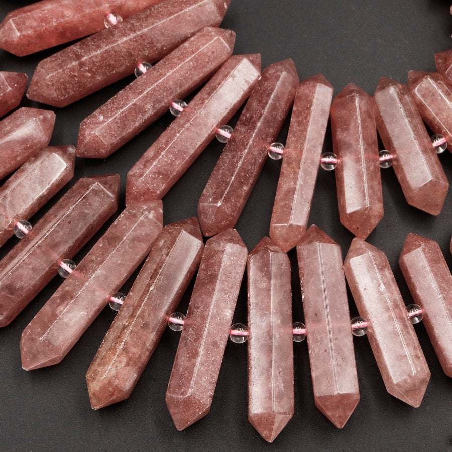 Natural Strawberry Quartz Double Terminated Point Beads Large Long Faceted Focal Pendant Center Drilled Mauve Red Point 16" Strand