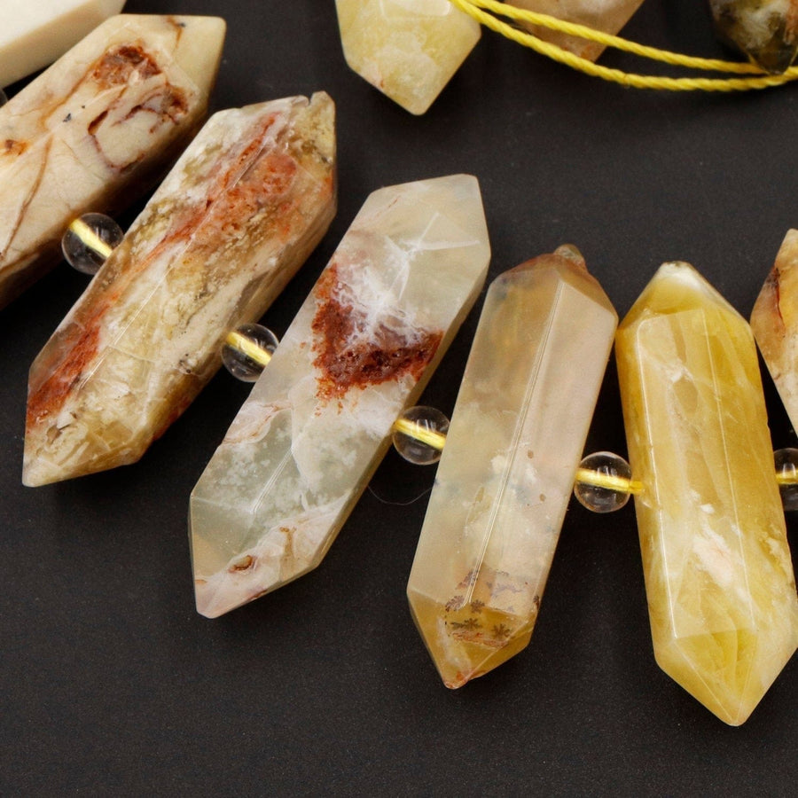 Large Natural Yellow Opal Beads Faceted Double Terminated Pointed Tips Healing Focal Pendant Bead African Opal Bicone Bullet 16" Strand