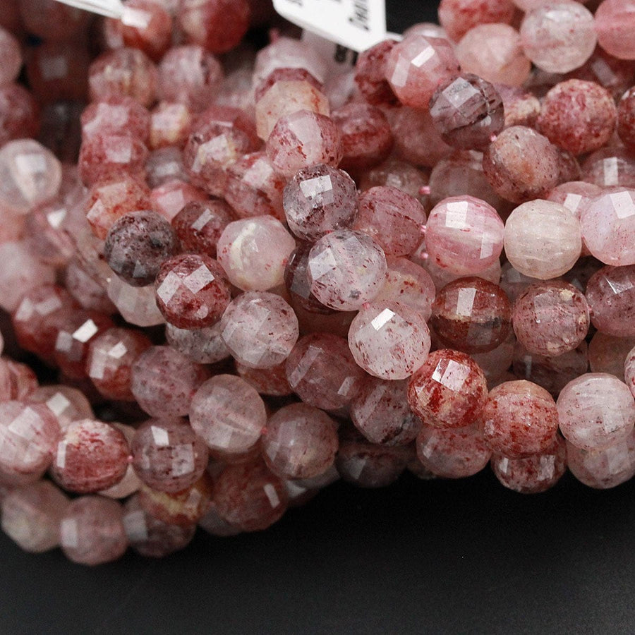 Geometric Lantern Faceted Natural Red Pink Strawberry Quartz 9mm Round Beads Sparkling Gemstone Good For Earring Pair Beads 16" Strand