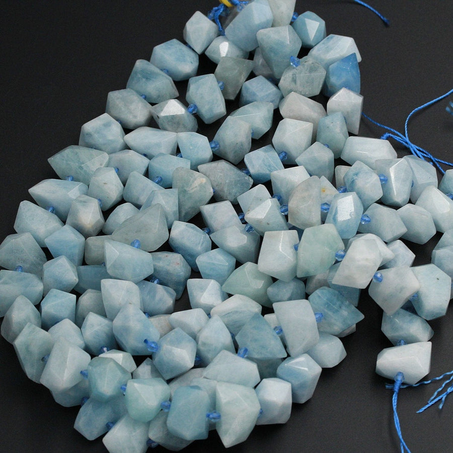 Geometric Cut Natural Blue Aquamarine Faceted Nuggets Chunky Freeform Rectangle Beads Real Genuine Aquamarine Gemstone 16" Strand