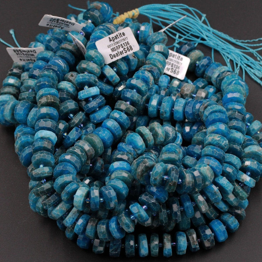 Large Faceted Natural Blue Apatite 14mm x 6mm Chunky Faceted Rondelle Wheel Center Drilled Disc Coin Teal Blue Gemstone Beads 16" Strand