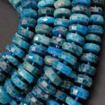 Large Faceted Natural Blue Apatite 14mm x 6mm Chunky Faceted Rondelle Wheel Center Drilled Disc Coin Teal Blue Gemstone Beads 16" Strand