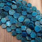 Matte Raw Natural Blue Apatite Octagon Hexagon 18mm Beads Geometric Cut Flat Slice Gemstone 16" Strand
