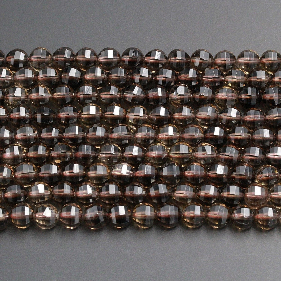 Geometric Lantern Faceted Natural Smoky Quartz 10mm Round Bead Sparkling Real Genuine Natural Smoky Quartz Gemstone High Quality 16" Strand