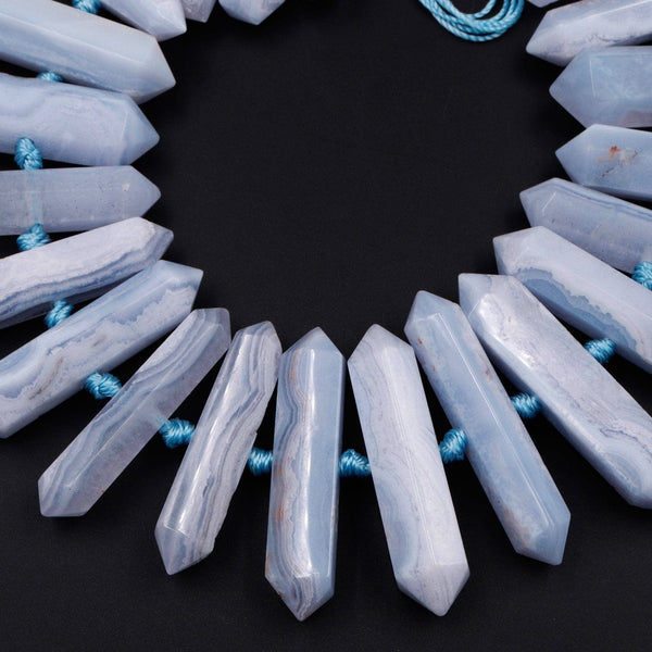 Natural Blue Lace Agate Faceted Double Terminated Pointed Beads Side Center Drilled Large Healing Crystal Focal Hexagon Pendant 16" Strand