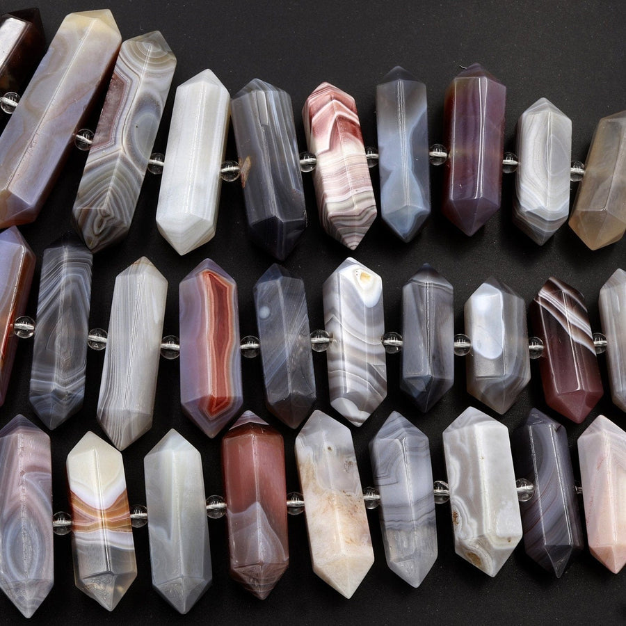 Natural Botswana Agate Beads Faceted Double Terminated Points Amazing Veins Bands Large Long Pendant Top Side Drilled Bead Bullet 16" Strand