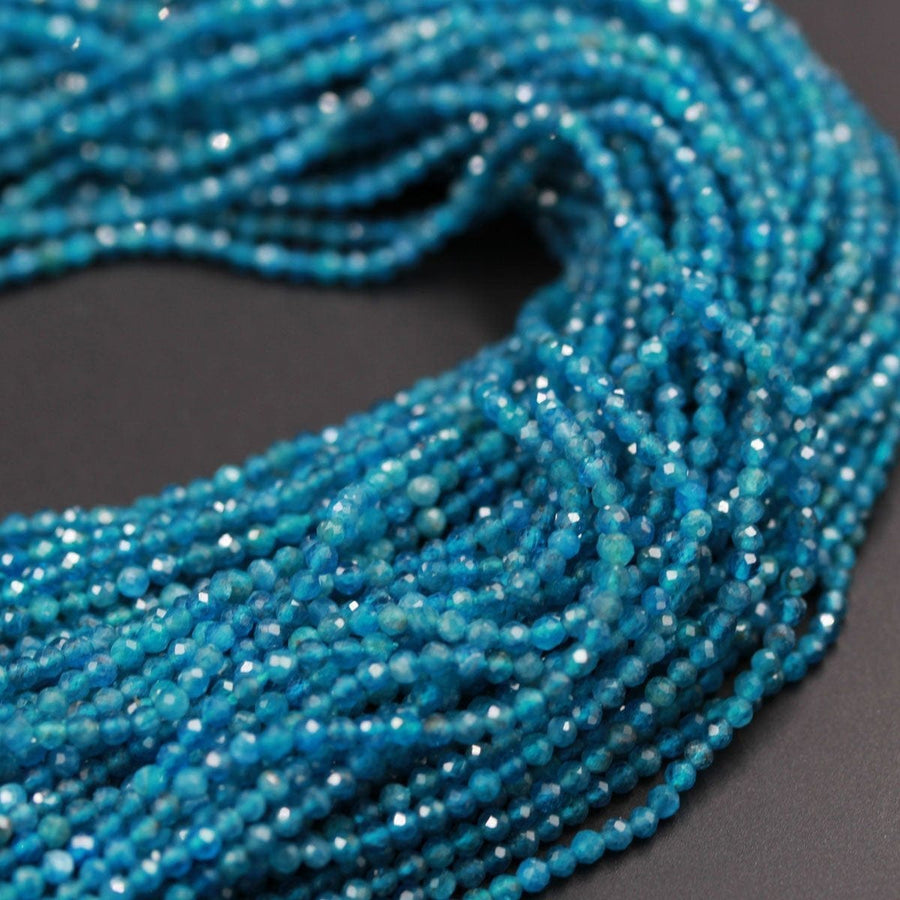 Micro Faceted Tiny Small Natural Blue Apatite Round Beads 2mm Faceted 3mm Faceted Round Beads Laser Diamond Cut Gemstone 16" Strand