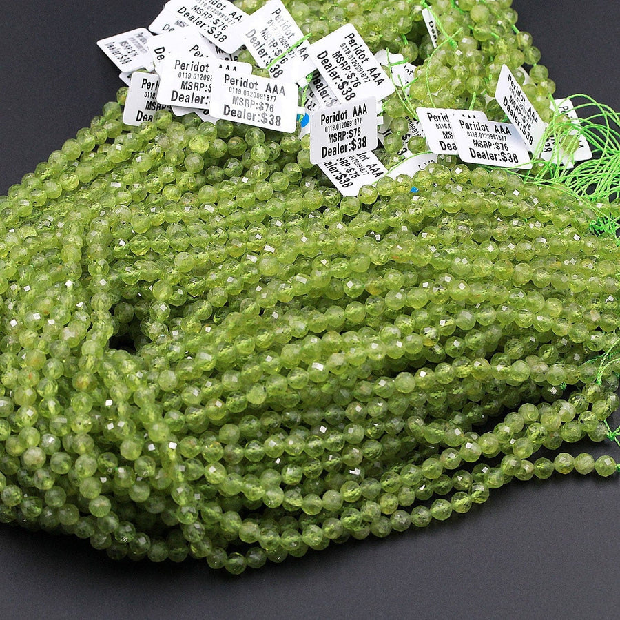 Stunning Natural Green Peridot 5mm 6mm Faceted Round Beads Micro Faceted Laser Diamond Cut Real Genuine Peridot Gemstone 16" Strand