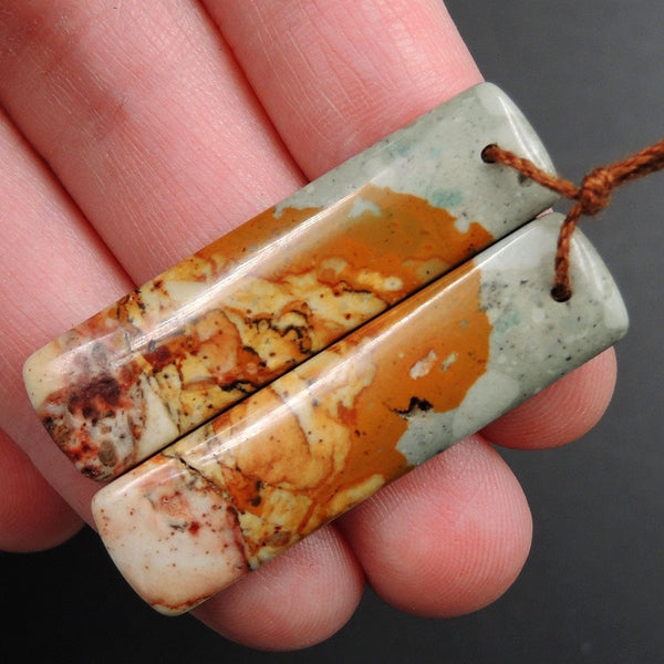 Drilled Natural Owyhee Picture Jasper Earring Pair Gemstone Drilled Cabochon Cab Pair Rectangle Matched Earring Bead Pair From Oregon E3437