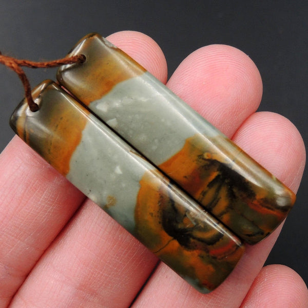 Drilled Natural Owyhee Picture Jasper Earring Pair Gemstone Drilled Cabochon Cab Pair Rectangle Matched Earring Bead Pair From Oregon E3435