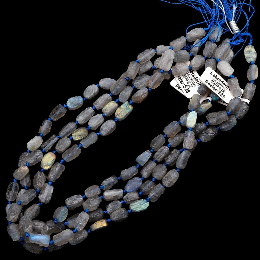 Organic Cut Rough Raw Unpolished Matte Natural Labradorite Beads Oval Nuggets Flashy Labradorite 16" Strand