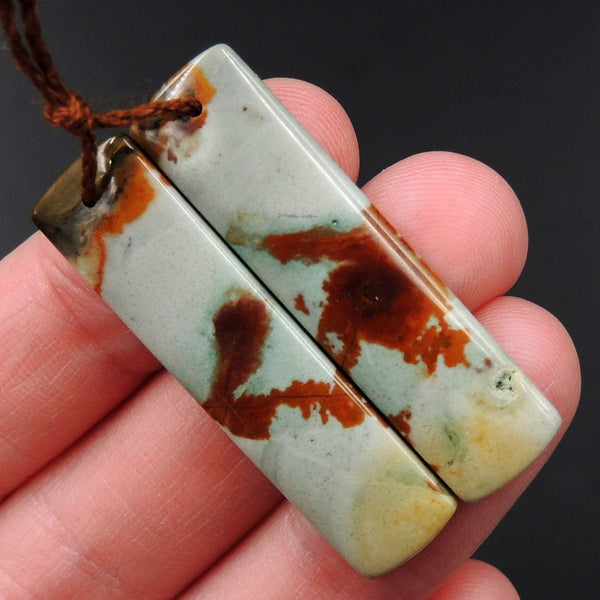 Drilled Natural Owyhee Picture Jasper Earring Pair Gemstone Drilled Cabochon Cab Pair Rectangle Matched Earring Bead Pair From Oregon E3375