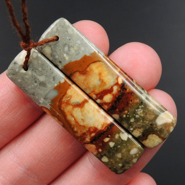 Drilled Natural Owyhee Picture Jasper Earring Pair Gemstone Drilled Cabochon Cab Pair Rectangle Matched Earring Bead Pair From Oregon E3370