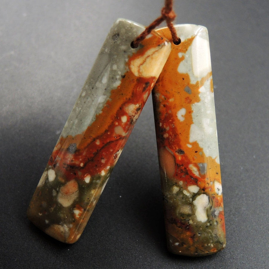 Drilled Natural Owyhee Picture Jasper Earring Pair Gemstone Drilled Cabochon Cab Pair Rectangle Matched Earring Bead Pair From Oregon E3363