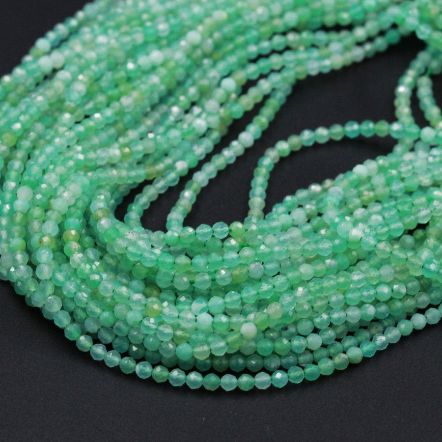 Micro Faceted Natural Australian Green Chrysoprase Faceted Round 2.5mm Beads Diamond Cut Gemstone Beads 16" Strand