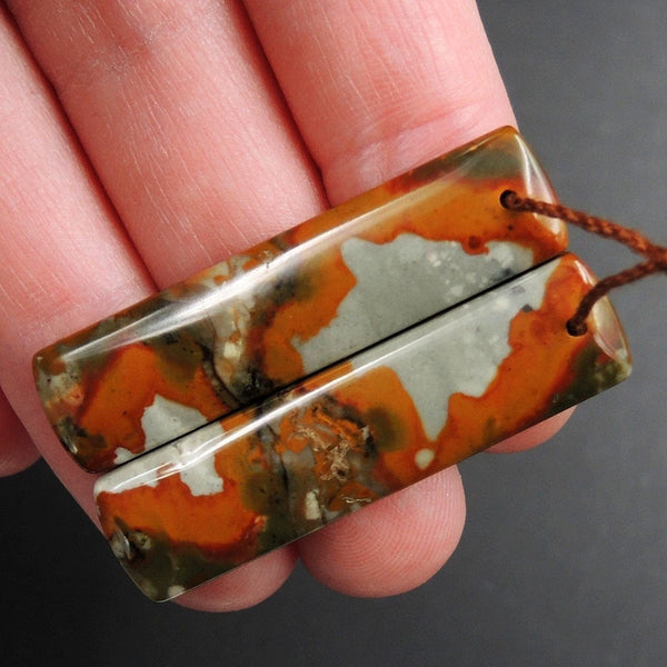 Drilled Natural Owyhee Picture Jasper Earring Pair Gemstone Drilled Cabochon Cab Pair Rectangle Matched Earring Bead Pair From Oregon E3364