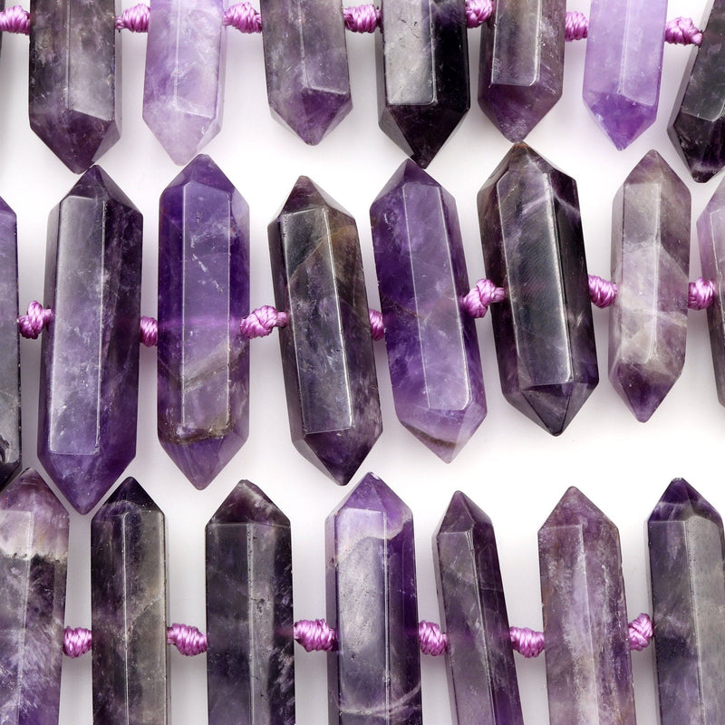 Natural Purple Amethyst Faceted Double Terminated Pointed Beads Center Drilled Large Healing Amethyst Crystal Focal Pendant 16" Strand