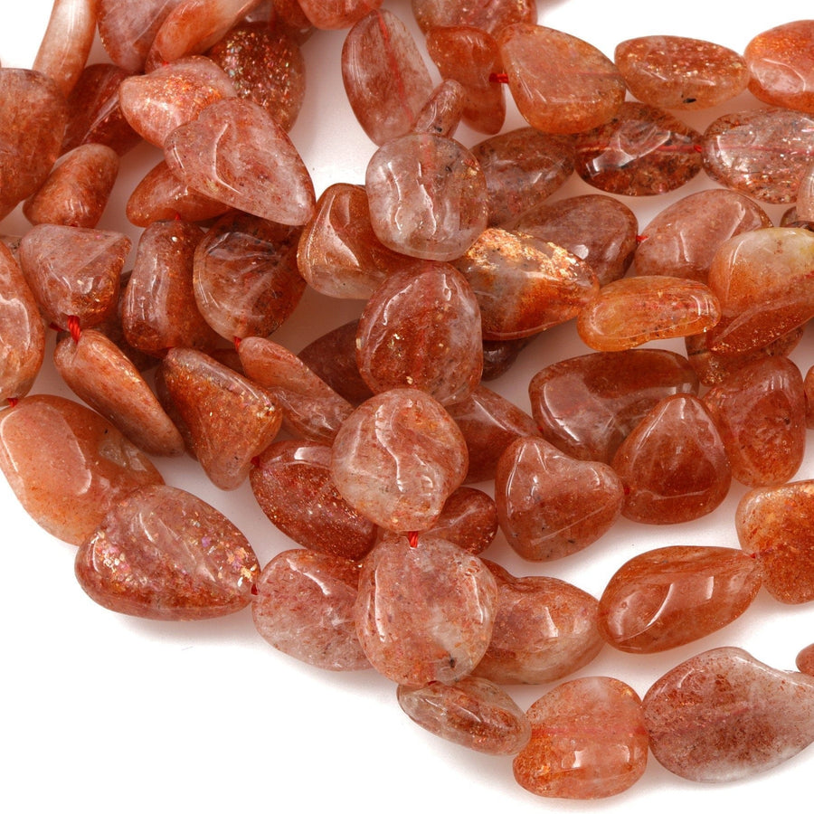 Natural Sunstone Beads Flat Nugget Slices Freeform Real Genuine Fiery Orange Red Sunstone Gemstone 16" Strand