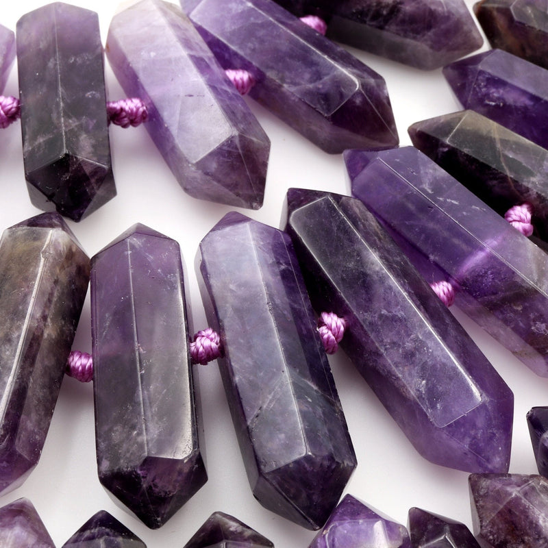 Natural Purple Amethyst Faceted Double Terminated Pointed Beads Center Drilled Large Healing Amethyst Crystal Focal Pendant 16" Strand