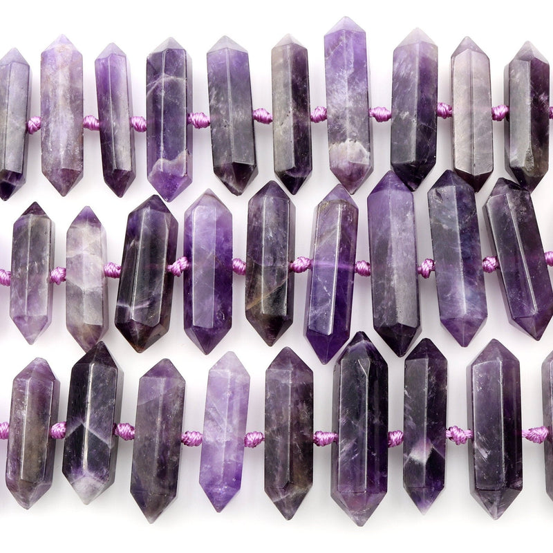 Natural Purple Amethyst Faceted Double Terminated Pointed Beads Center Drilled Large Healing Amethyst Crystal Focal Pendant 16" Strand