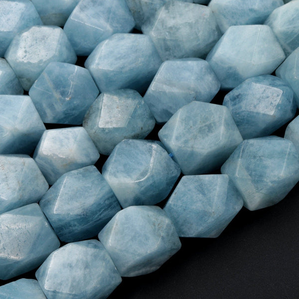 Natural Aquamarine Faceted Rectangle Nugget Beads Large Chunky Real Genuine Blue Aquamarine Gemstone 16" Strand
