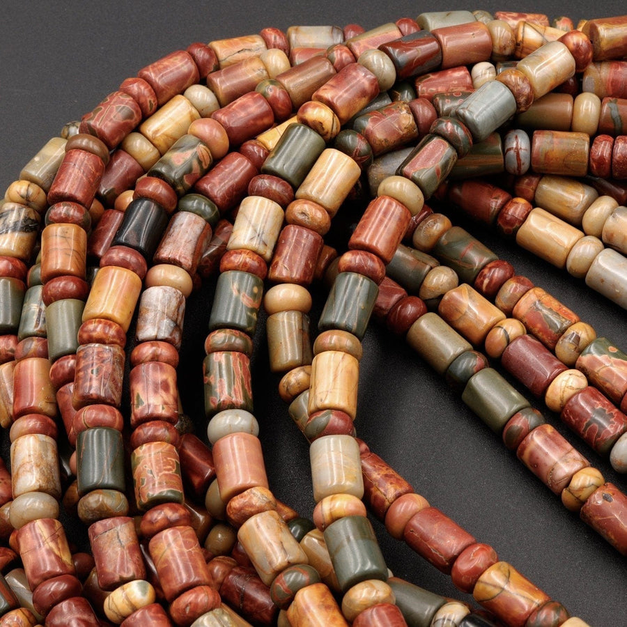 Red Creek Jasper Bead Cylinder Rondelle Smooth Tube Earthy Red Green Yellow Brown Natural Cherry Creek Multi-color Picasso Jasper 16" Strand