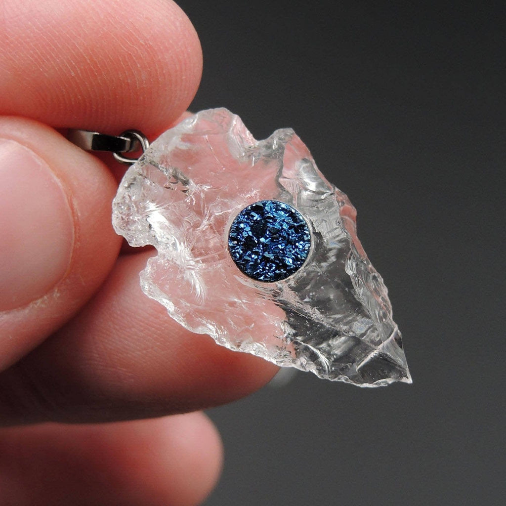 Natural Rough Raw Rock Quartz Pendants With Blue Druzy Center Hand Hammered 1 Inch Arrowhead Pendant Focal Bead