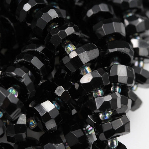 Large Faceted Natural Black Tourmaline Faceted Rondelle Wheel Nugget Black Tourmaline Gemstone Beads 12mm Thick Rondelle Beads 16" Strand