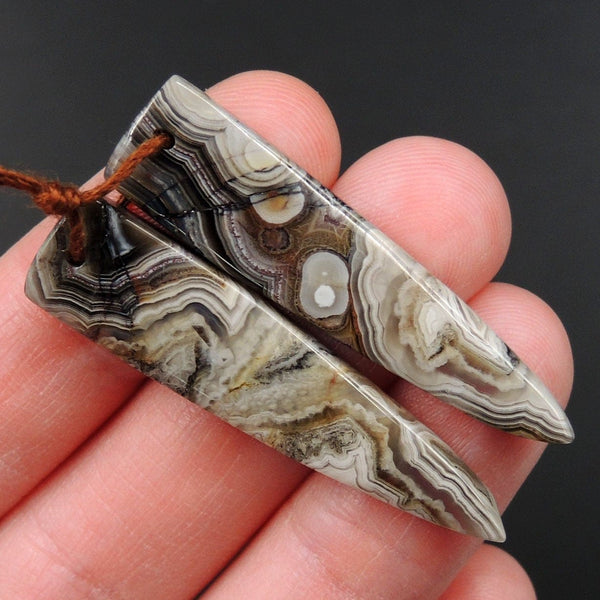 Natural Laguna Lace Agate Earring Pair Dagger Cabochon Cab Drilled Matched Earrings Bead Pair E3342
