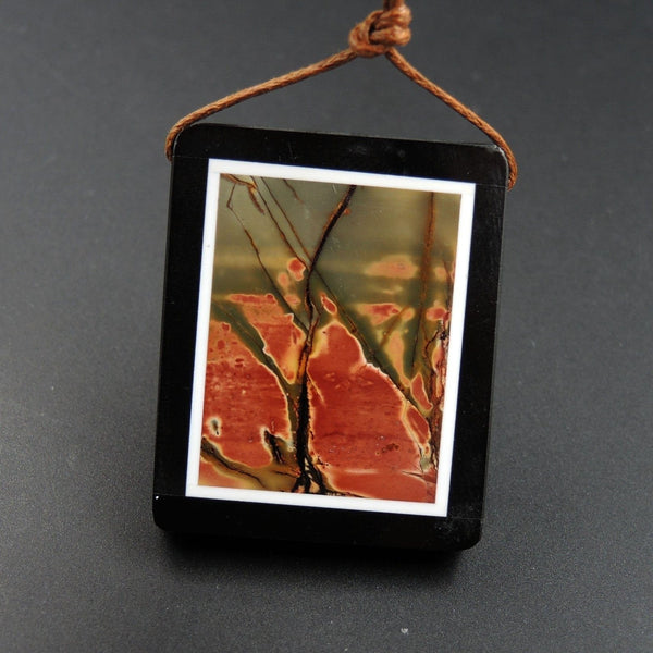 Intarsia Pendant Natural Red Creek Jasper W Black Onyx Inlay Side Drilled Rectangle Pendant Multi Color Picasso Jasper Picture Frame P1460