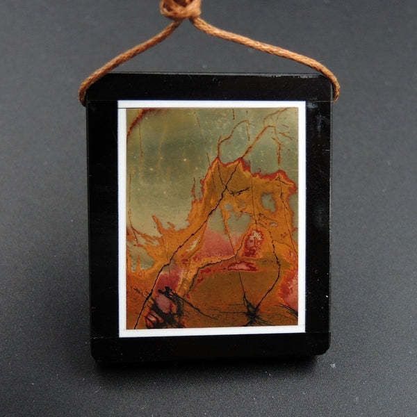 Intarsia Pendant Natural Red Creek Jasper W Black Onyx Inlay Side Drilled Rectangle Pendant Multi Color Picasso Jasper Picture Frame P1470