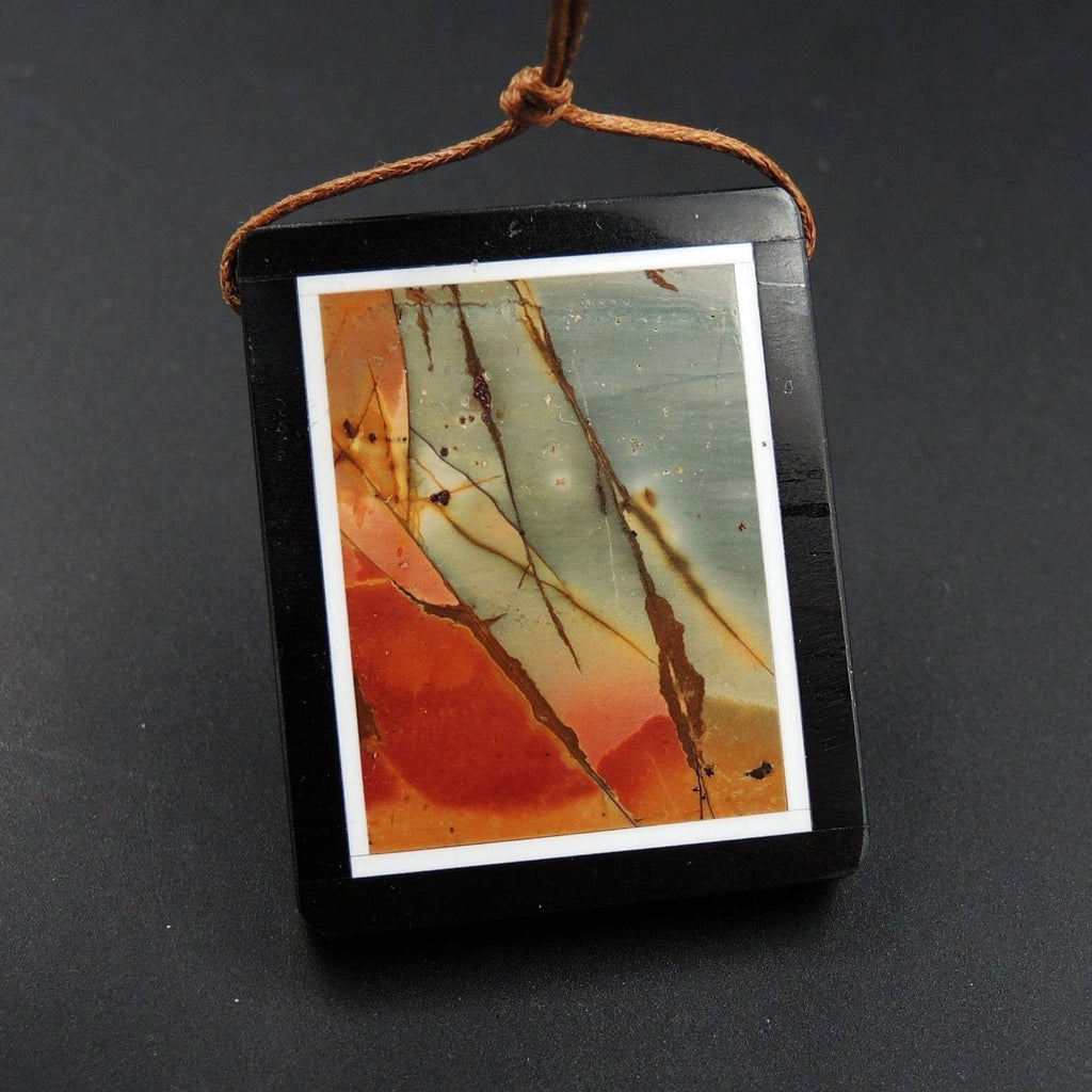 Intarsia Pendant Natural Red Creek Jasper W Black Onyx Inlay Side Drilled Rectangle Pendant Multi Color Picasso Jasper Picture Frame P1465