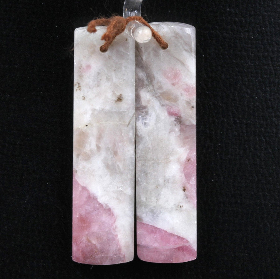Natural Pink Tourmaline in Quartz Rectangle Cabochon Cab Pair Drilled Matched Earring Pair