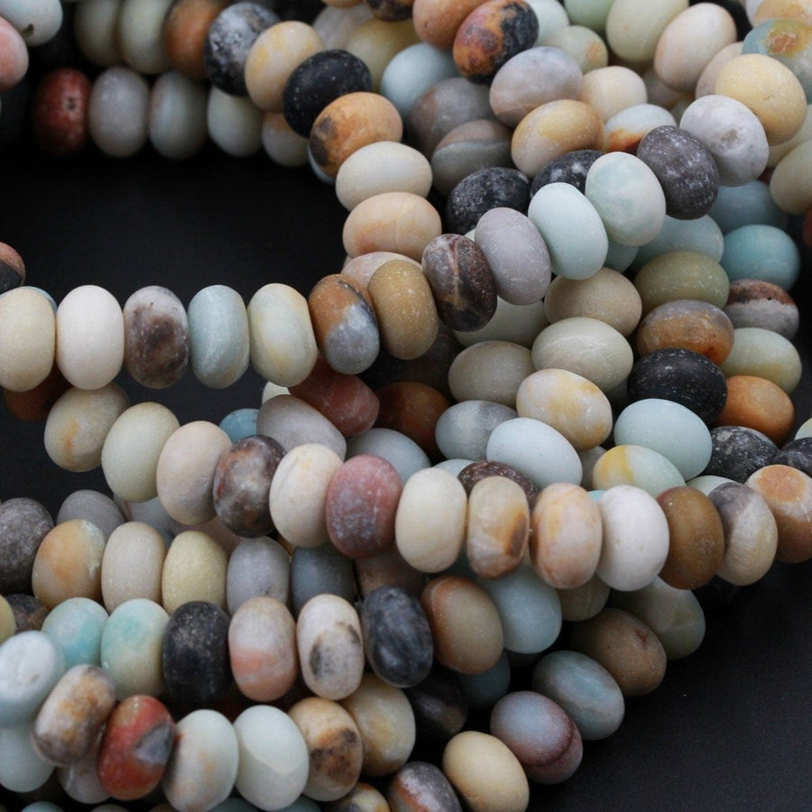 Matte Amazonite 10mm x 6mm Rondelle A Grade Matte Natural Multi Color Multicolor Amazonite Blue Green Red Yellow Black Brown Bead 16" Strand