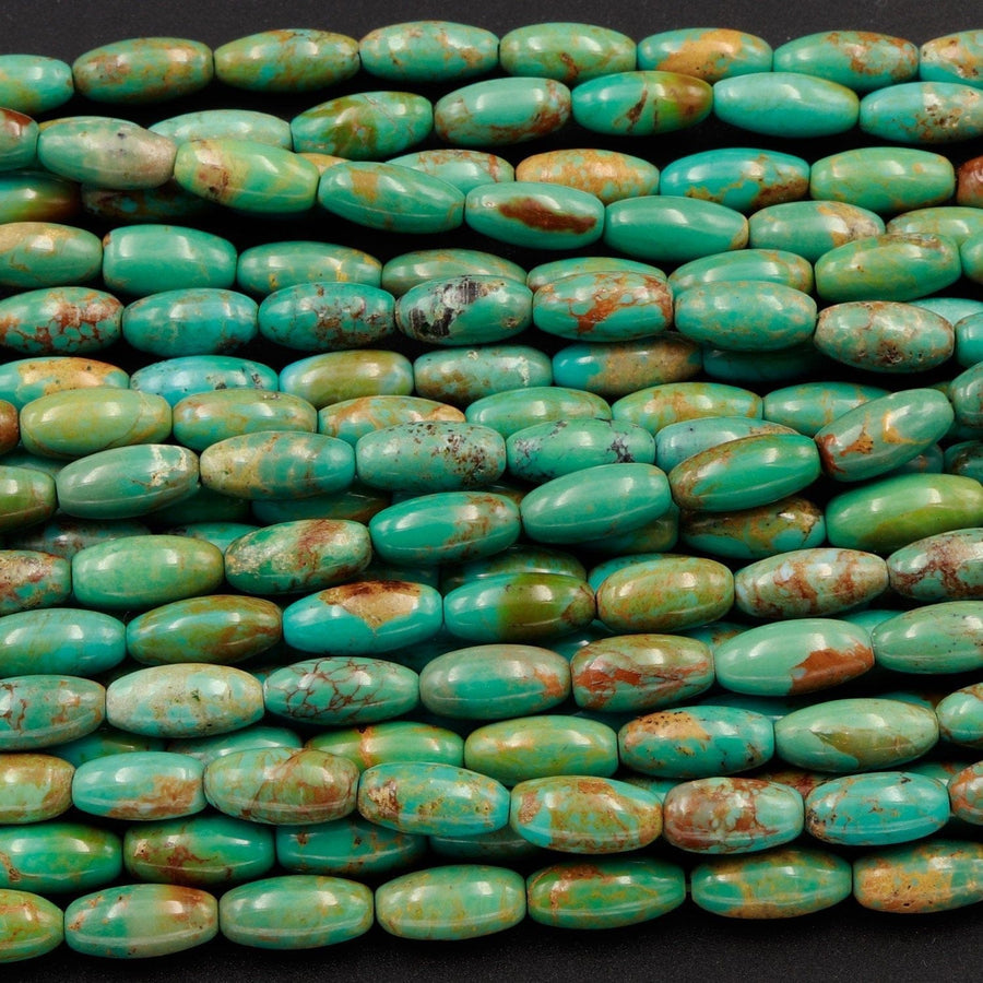 Small Natural Turquoise 10x5mm Rice Beads Thin Barrel Drum Long Oval Beads Brown Green Gemstone 16" Strand