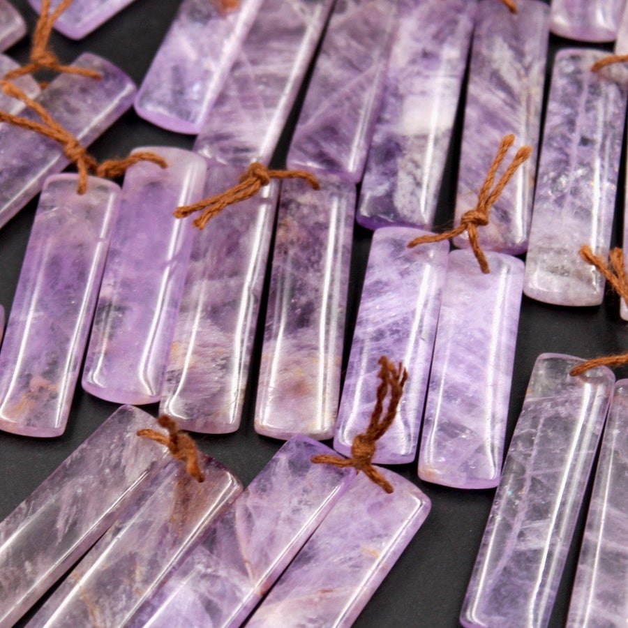 Drilled Natural Amethyst Earring Pair Long Rectangle Cabochon Cab Pair Matched Bead Pair Real Genuine Lilac Purple Gemstone Pair E5010