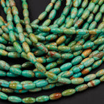 Small Natural Turquoise 10x5mm Rice Beads Thin Barrel Drum Long Oval Beads Brown Green Gemstone 16" Strand