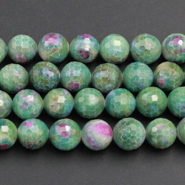 Large Faceted Natural Ruby Fuchsite Beads Round 10mm 12mm Faceted Round Beads Red Ruby Green Fuchsite Gemstone Fuschite 16" Strand