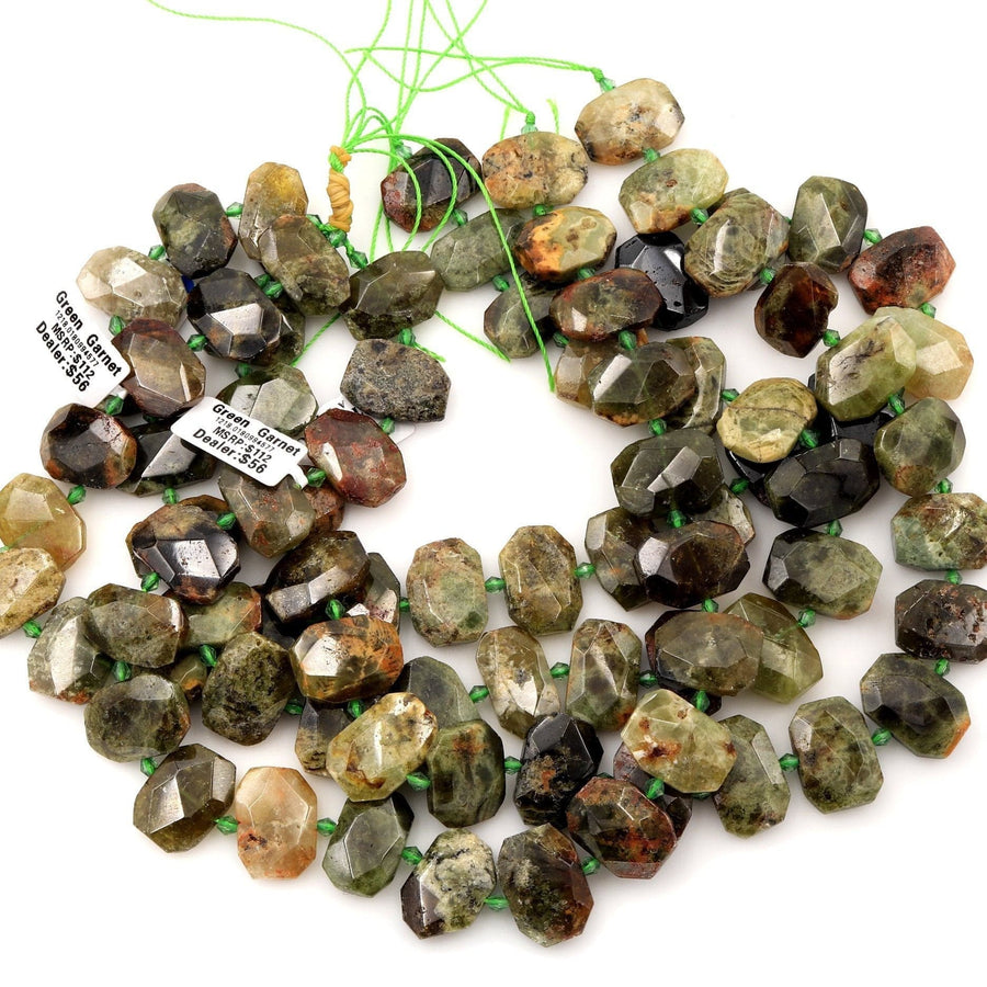 Stunning Large Faceted Natural Green Garnet Octagon Slab Cushion Rectangle Rectangular Nugget Slice Pendant Focal Beads 16" Strand